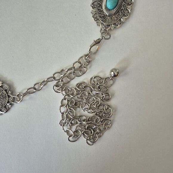 Western Aztec Boho Silver Tone Concho Turquoise Waist Chain Belt Womens 51 IN - Picture 5 of 7